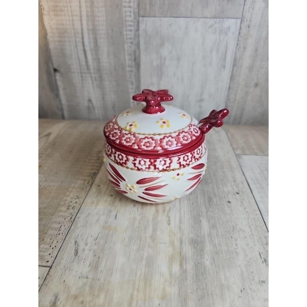 Temp-tations Old World Sugar Bowl w Lid & Spoon Red Rare Find
